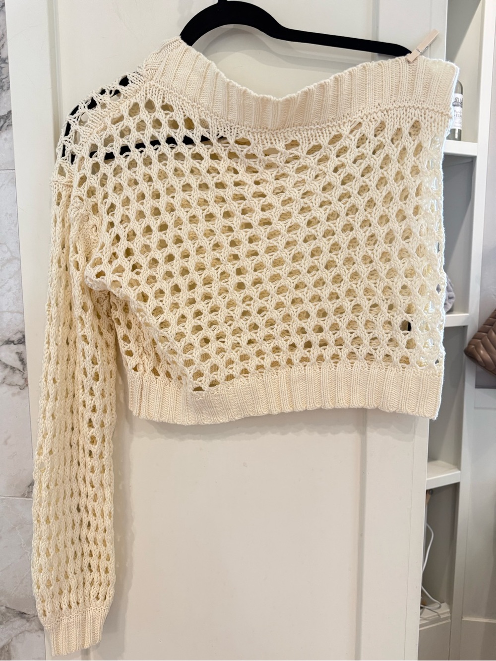 Maeve Cream Open-Knit Off-Shoulder Cropped Sweater